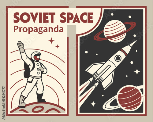 Old Soviet space propaganda placards that have been stylized, showcasing space rockets, astronauts, and various planets