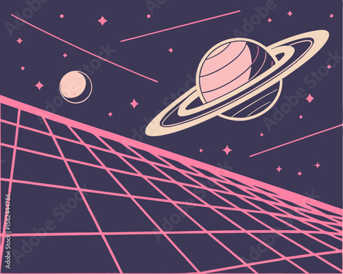 A synthwave retro futuristic party flyer, poster, cover, or banner template features a striking pink perspective grid overlaid on a dark starry sky, capturing the essence of 80s retro futurism