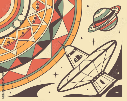 Retro Future Space Scene in a Vintage Cosmic Abstract Mosaic Background Style
