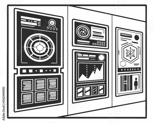 Black and white cyberpunk posters, featuring futuristic user interface designs and digital graphics, make up a collection showcased as a retro-style black and white poster