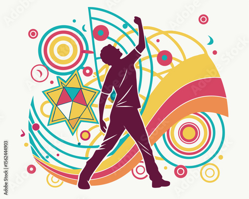 Vector illustration of a human silhouette surrounded by abstract geometric shapes in a vibrant abstract colorful rave music party design template