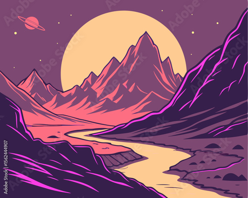 Deep space serves as the setting for a retro futuristic landscape complete with mountains and a sun, echoing the visual style of 80s synthwave, as a sunrise breaks over the horizon of an alien planet