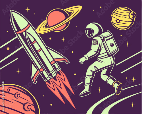 The Space Journeys Illustration Set embodies Retro Futurism and Sci Fi elements commonly found in Books and Comics Covers, highlighting Space Rockets, Astronauts, and the Surfaces of Alien Planets