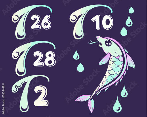 A vector illustration of a liquid holographic font is provided, complete with a trendy iridescent effect, and consisting of 26 letters, 10 numbers, 28 punctuation marks, and 4 currency symbols