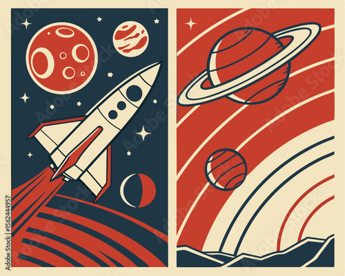 Retro Futurism style illustrations and Atomic Age aesthetics are key elements of Mid Century Modern Space posters