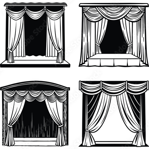Four Black and White Stage Curtains Illustrations theater