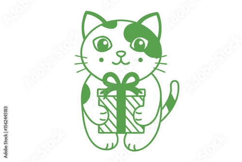 Simple green cat holds a striped present, offering a minimal style gift