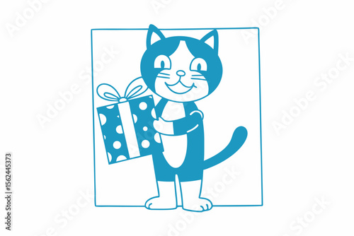 Smiling blue cat embraces a polka dot present inside a square frame