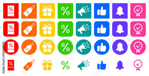 Set of marketing icons. Announcement, like, subscribe, bell, and quality sign. Set of multicolored round and square icons. Promotion, sale. Discount voucher, label, percent, gift.