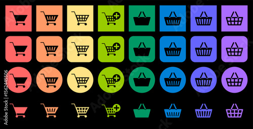 Set of shopping cart and basket icons. Set of multicolored round and square icons on a black background	
