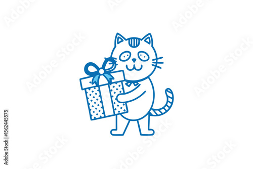 Outlined cat character affectionately hugs a gift with dotted patterns and ribbons