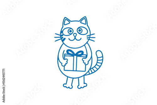 Smiling line art cat cheerfully presents a square gift tied with a bow