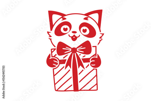Red panda smiles cutely while presenting a wrapped gift with an oversized bow