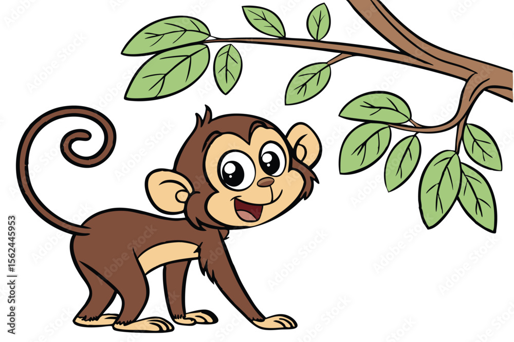 Naklejka premium Happy cartoon monkey curiously exploring near a leafy branch, showcasing its playful expression