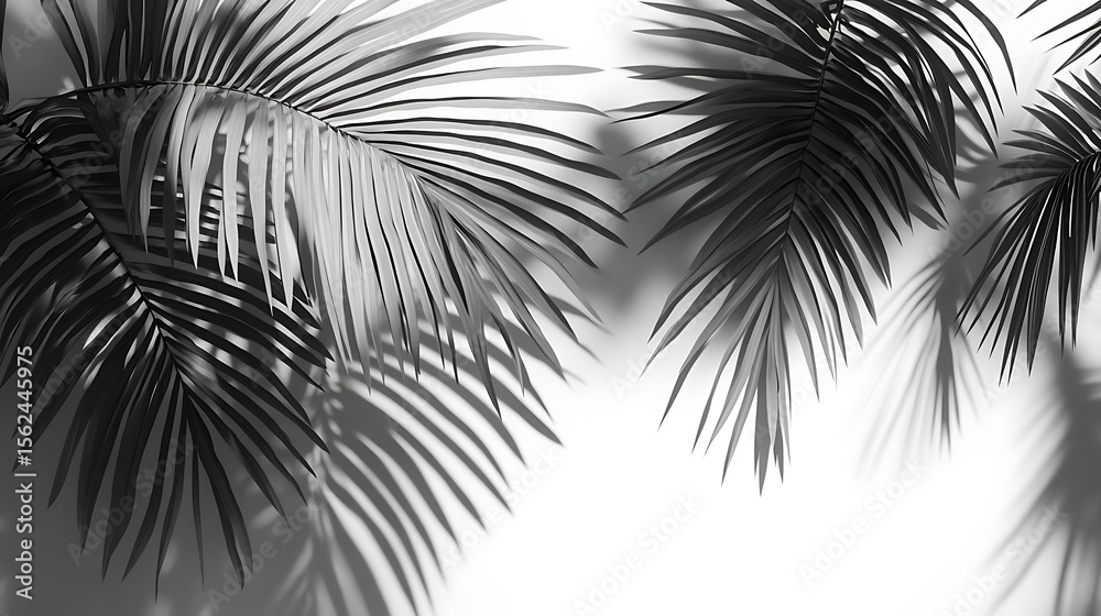 Obraz premium Monochrome palm leaves casting shadows on a clean white surface creates elegant minimalist ambiance