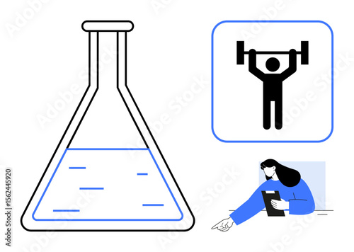 Laboratory flask with liquid, fitness icon with weights, and woman writing on clipboard. Ideal for science, health, research, education, wellness, innovation simple landing page