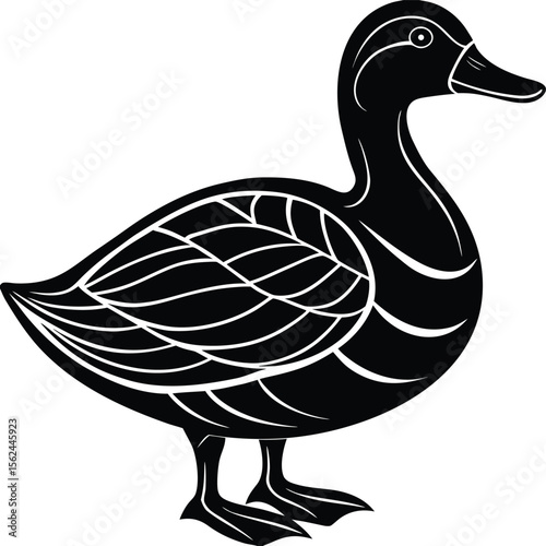Stylised black duck silhouette with white feather detail. SVG+EPS