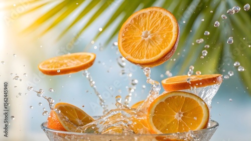Fresh Orange Slices Splashing in Water – Summer Citrus Background