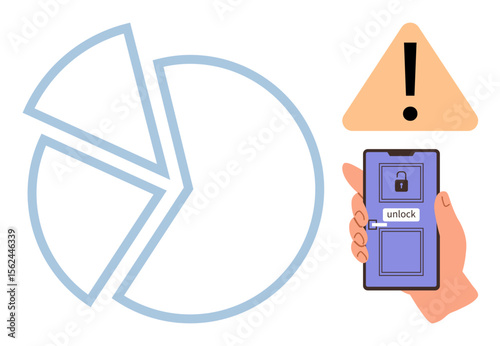 Hand holding phone with lock icon, warning sign, and pie chart. Ideal for cybersecurity, data protection, analytics, caution, technology security, risk management simple flat metaphor