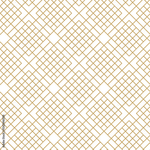 Geometric vector seamless pattern with crossed lines, triangles, squares abstract background. Simple minimalistic gold and white design. Single color, gold and white.