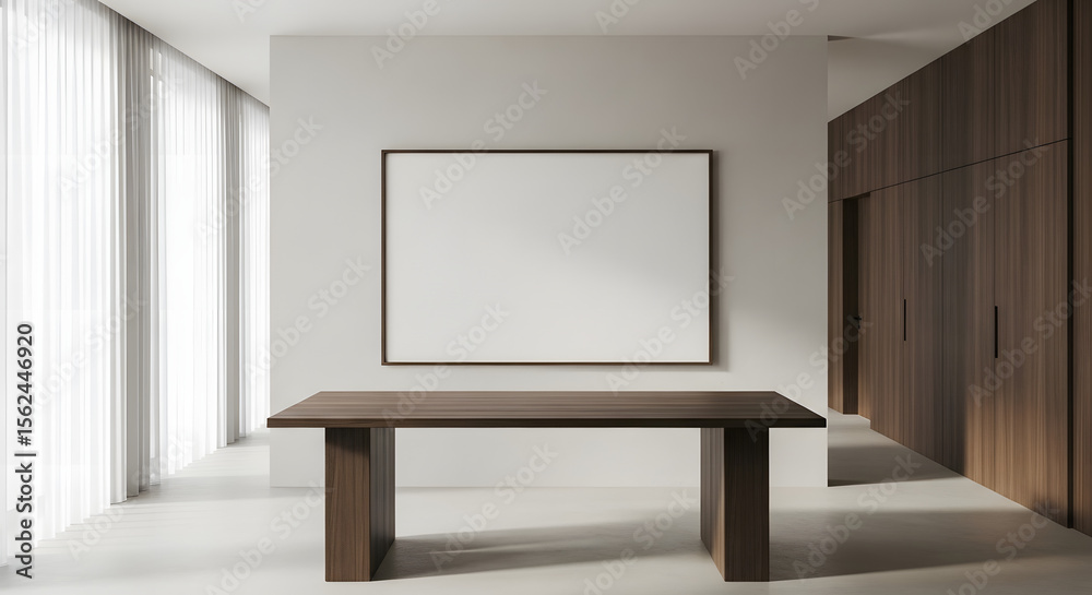 custom made wallpaper toronto digitalMinimalist interior design featuring a large blank canvas above a sleek wooden table, bathed in soft natural light.
