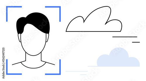 Head silhouette inside facial recognition frame with clouds indicating data transfer. Ideal for AI, biometrics, technology, security, cloud computing, identity verification, simple landing page