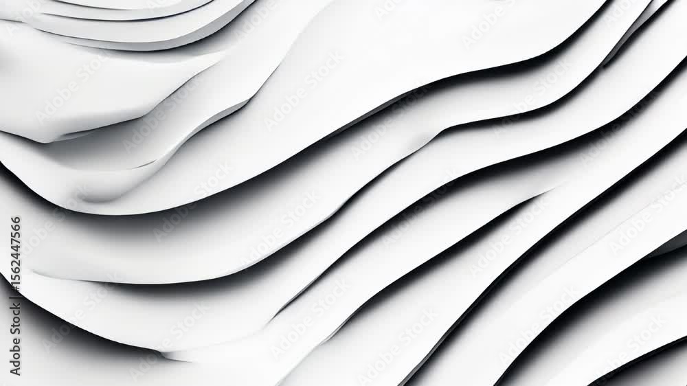 Abstract white paper waves create a textured background. The design features smooth curves and layers, emphasizing depth and dimension.
