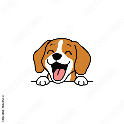 Cute cartoon beagle dog with a happy face, eyes closed, mouth open and tongue out, vector illustration