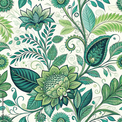 Green floral paisley pattern repeats across a white background