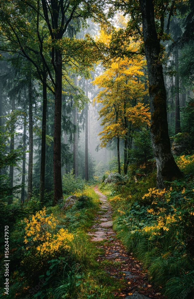 Fototapeta premium Stone path winding through foggy autumn forest