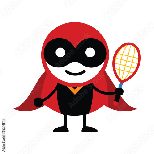 Energetic superhero tennis racket mascot character design with flowing cape