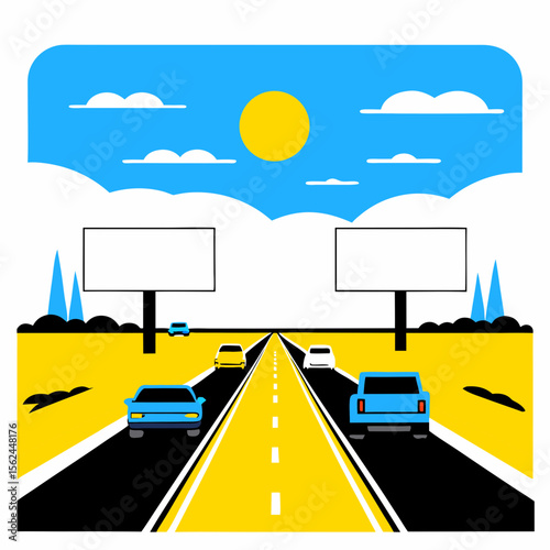 Highway illustration with bright sky
