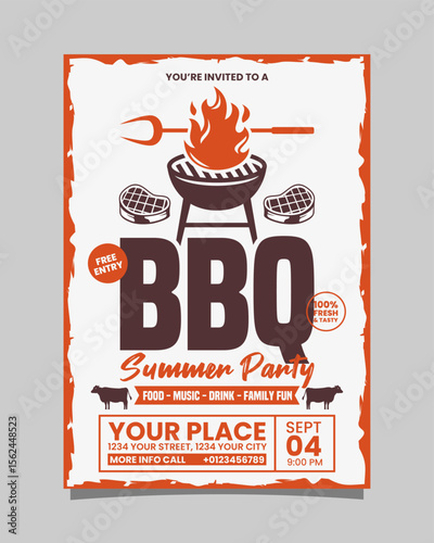 BBQ Summer Party portrait vertical flyer or poster vector template, BBQ invitation design