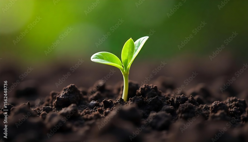 Fototapeta premium Single Green Sprout Emerging From Dark Compost, a Symbol of New Life and Growth, created with generative ai