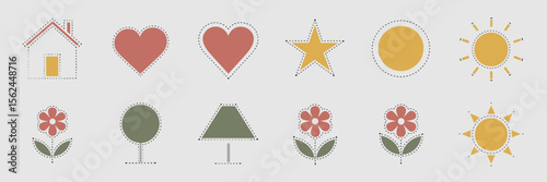 Decorative dotted icons with nature and everyday objects