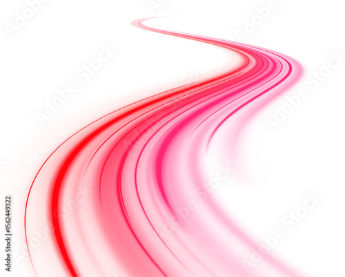 Shiny fiery red neon stripes on white transparent background PNG. Vivid curved light trails and flashing red light effects. Vector element on black background for stunning digital creations.	