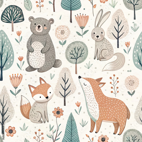Cute woodland animal pattern featuring bear, fox, rabbit, and trees