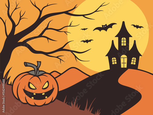 haunted house halloween night bats pumpkin eerie tree full moon scary festive illustration dark atmosphere