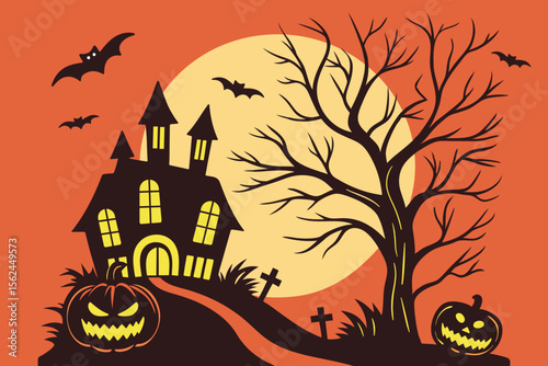 halloween haunted house bats pumpkins moon spooky tree graveyard night
