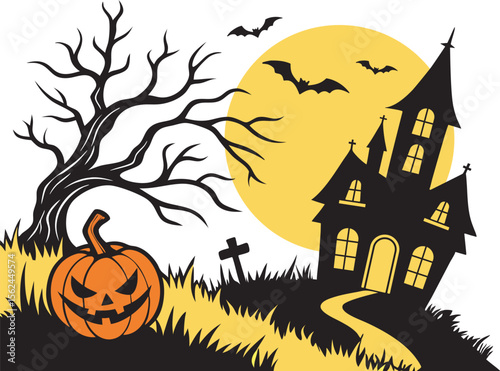 spooky halloween night haunted house bats moon pumpkin creepy tree graveyard eerie seasonal cartoon artwork