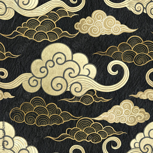 Gold clouds on dark background create a seamless oriental style pattern