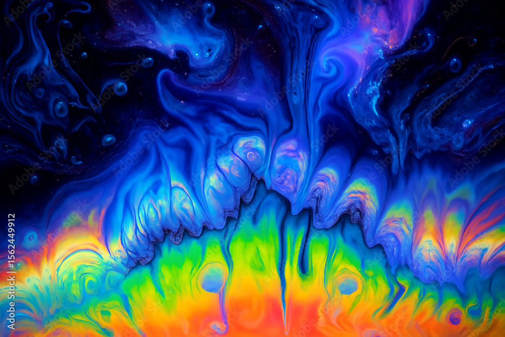 Fototapeta premium Vibrant fluid art with rainbow colors and cosmic swirls — perfect for abstract design backgrounds, tech branding, and creative digital projects, presentation and creative slide, packaging and branding