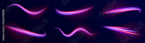 Abstract image of speed motion on the road. Vector glitter light fire flare trace. Dark blue abstract background with ultraviolet neon glow, blurry light lines, waves	