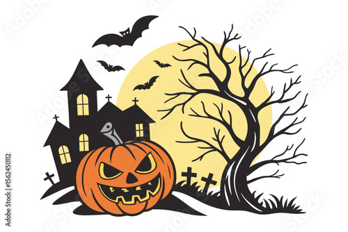 halloween haunted house pumpkin bats moon spooky tree graveyard night