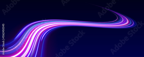 Neon beams speed down a dark road, creating a sense of endless movement. The vibrant colors and glowing lights emphasize the fast pace of modern technology.	