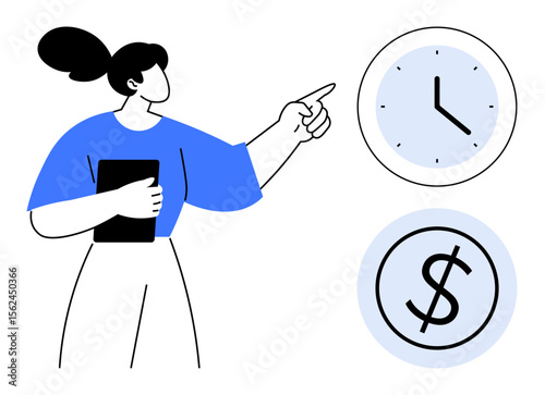 Woman with tablet pointing toward a clock and dollar sign, emphasizing time management and cost efficiency. Ideal for productivity, planning, finance, strategy, deadlines, career success. Simple