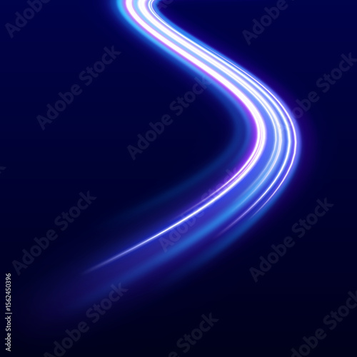 Light trails on road at night. Abstract futuristic neon background with glowing ascending lines. Racing cars dynamic flash effects city road with long exposure night ligh.	