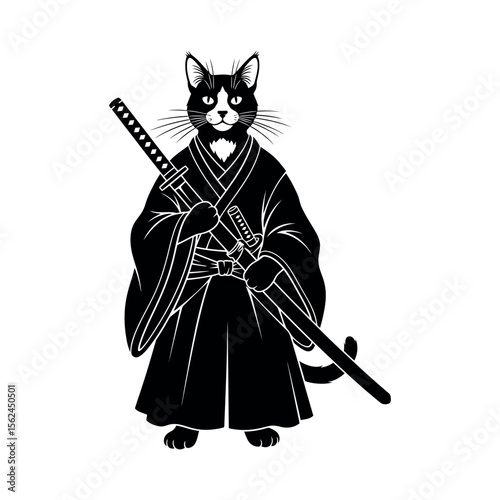 Samurai Cat Vector Illustration Warrior Cat in Kimono Holding Japanese Katana Sword