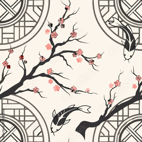 Japanese inspired pattern with koi fish and cherry blossom branches