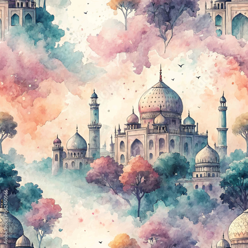 Pastel watercolor painting of the Taj Mahal surrounded by colorful trees